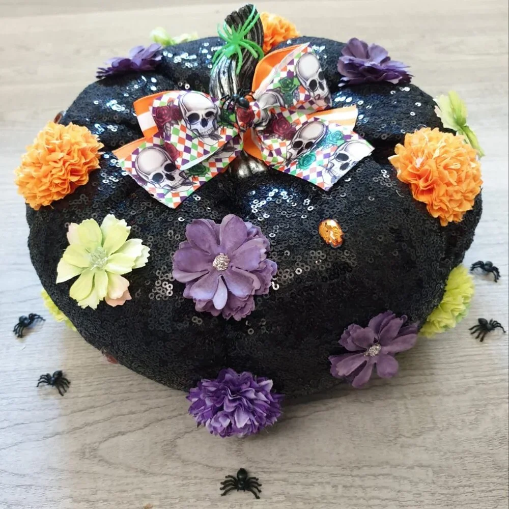 Halloween Pumpkin Black Sequin Colorful Pumpkin Center Piece Spooky Decor Gift
